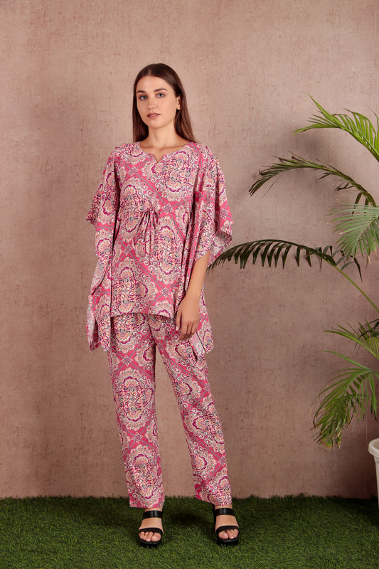Pink & White Abstract Print Viscose Rayon Kaftan Co-ord Set