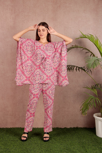 Pink & White Abstract Print Viscose Rayon Kaftan Co-ord Set
