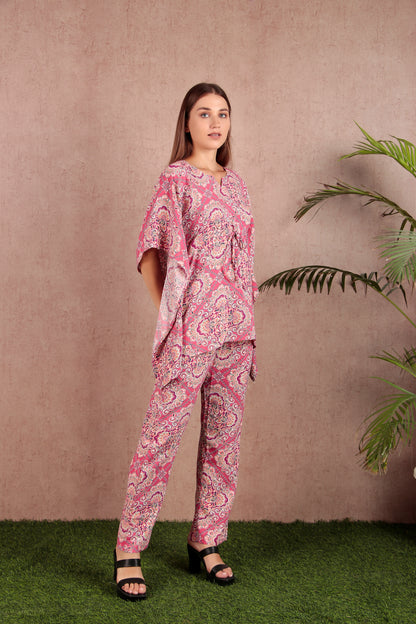 Pink & White Abstract Print Viscose Rayon Kaftan Co-ord Set