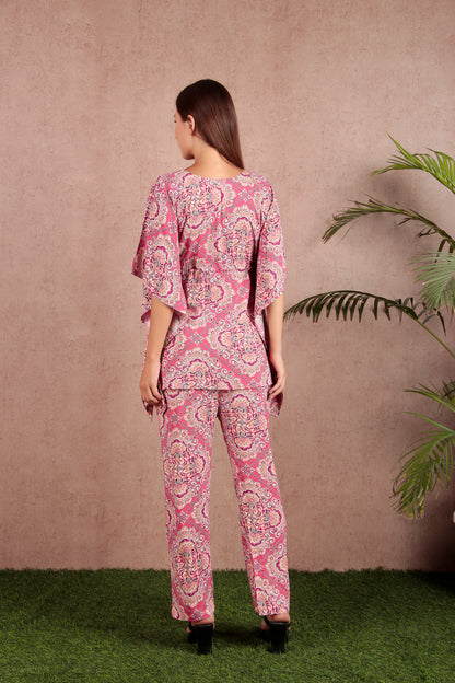 Pink & White Abstract Print Viscose Rayon Kaftan Co-ord Set