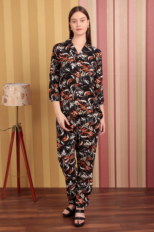 Black and Orange Leaf Print Co-ord Set