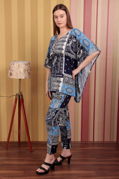 Blue & White Abstract Print Viscose Rayon Kaftan Co-ord Set