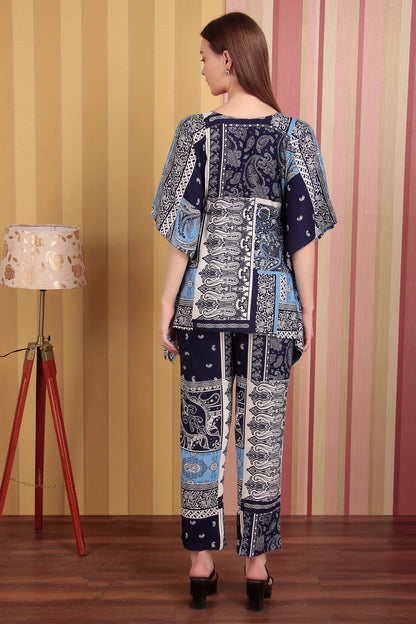 Blue & White Abstract Print Viscose Rayon Kaftan Co-ord Set